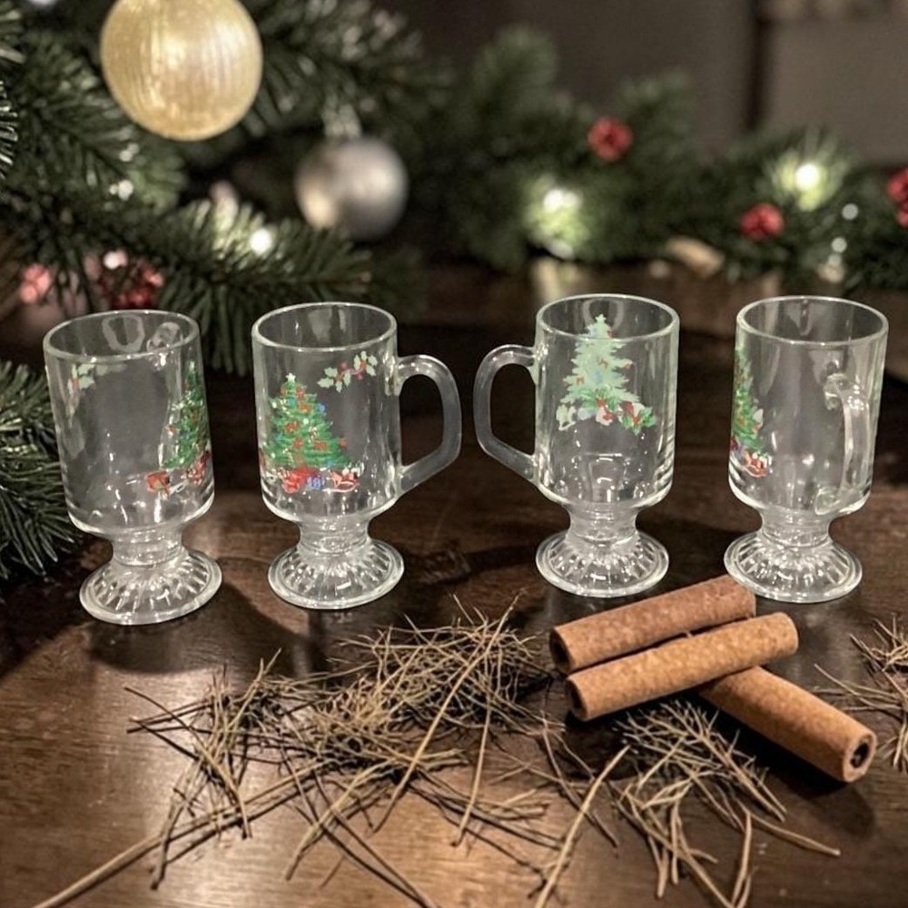 Tienshan Christmas Tree Irish Coffee Mugs, Set of 4, Vintage Footed Glassware